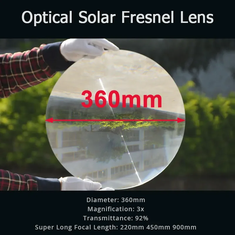 360mm Large Optical PMMA Plastic Solar Fresnel Lens Long Focal Length 450/900mm Big Solar Energy Concentrator Cooker Magnifier