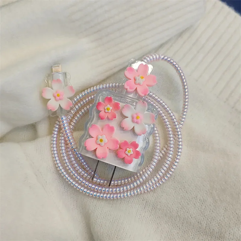 Pink Gradual Change Flower Clear Silicone Charger Case For IPhone 11 12 13 14 15 18W-20W Charge Protection Cover Charger Sleeve