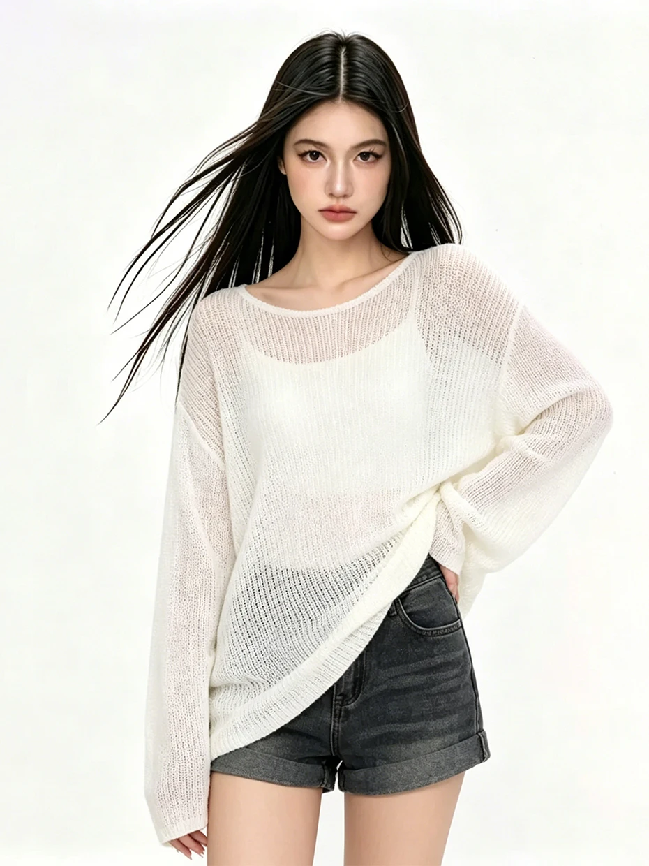 

Loose Slimming Hollow out Knitted Sunshade Cover up Women's Early Summer Long Sleeve Outerwear Strap Thin Veil Top