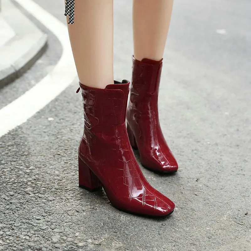 Wine Red Mid-Calf boots new Winter/Autumn Women Boots Thick High Heels Square Toe shoes Office/Career lady plus size 48 43