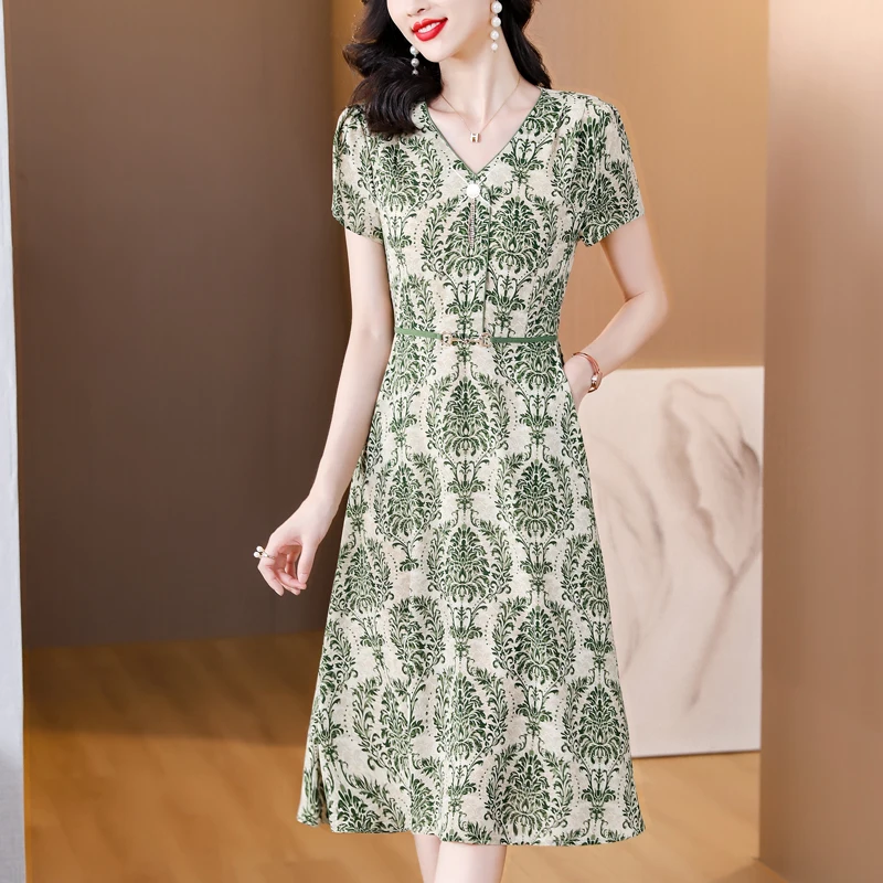 2025 Spring Summer Print Short Sleeve Dress Korean Vintage Women Office Dress Elegant Bodycon Black Party Evening Vestidos
