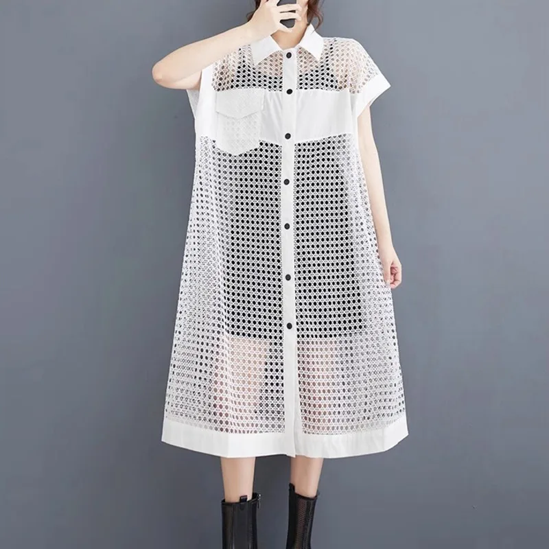 # 3908 Black White Perspective Mesh Long Shirt Dress Dress Women Hollow Out Sexy Sleeveless Streetwear A-line Dress Front Buttons