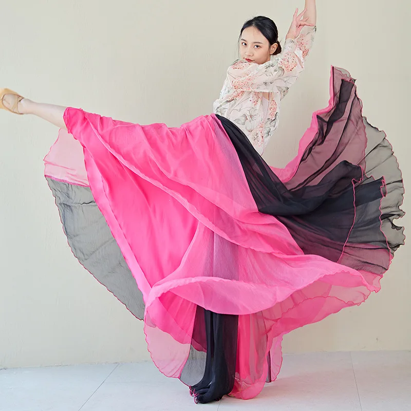 National Style Classical Dance Modern Dance Long Skirt Stitching Chiffon Skirt Retro 14 Meters Large Swing Skirt Dancewear