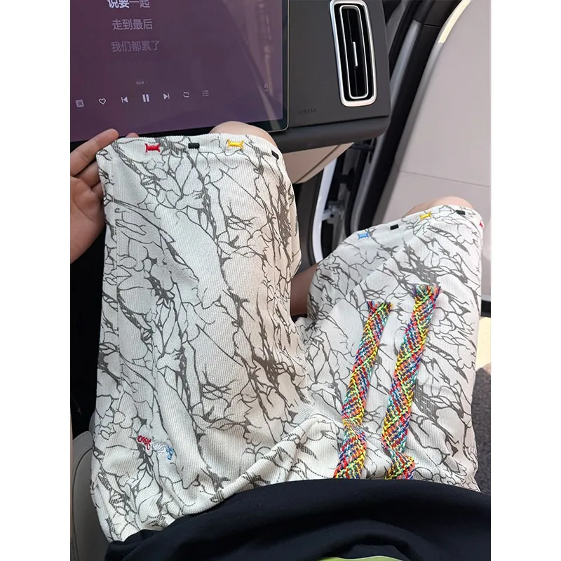Men Ink Floral Print Bermuda Shorts Colorful Thick Drawstring Elastic Waist Loose Knee Length Streetwear Shorts with Pockets