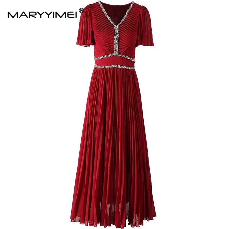 MARYYIMEI Autumn Women's Pleated Dress V-Neck Short sleeve High waist Beading Chic Elegant Designer Long Dresses