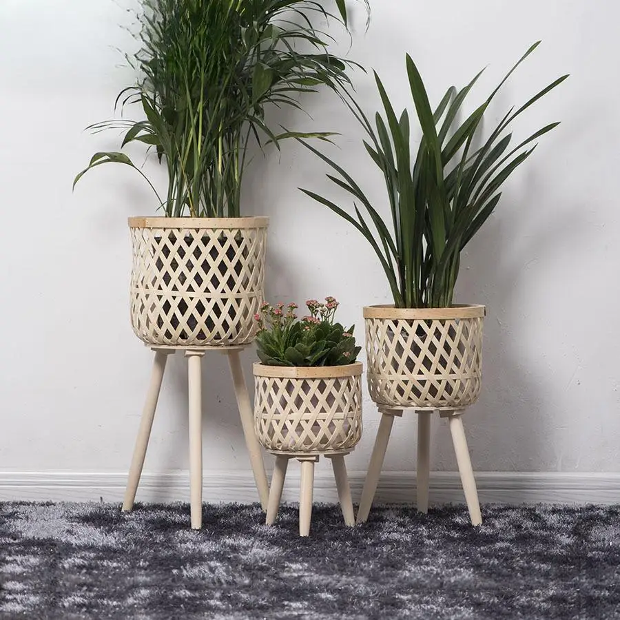 Hand-woven Wooden High-footed Floor Flower Stand Nordic Style Rattan Flower Pot Indoor Balcony Living Room Plant Dill Flower Pot