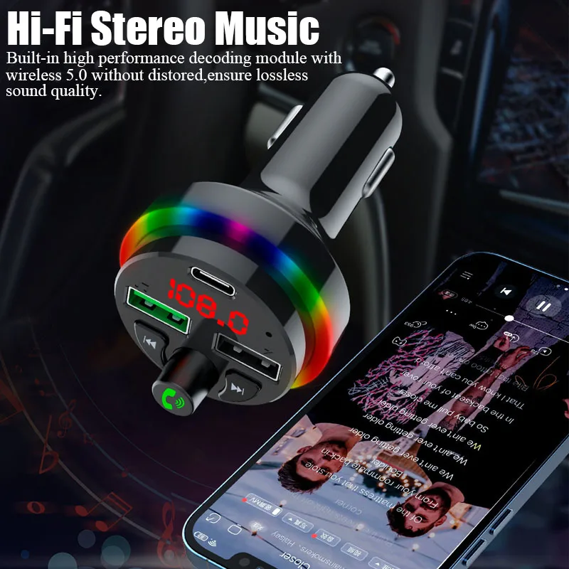 F17 Car FM Transmitter Colorful Light Dual USB Type C 3.1A Fast Charging Car Charger Bluetooth 5.0 Hands Free Car Kit MP3 Player