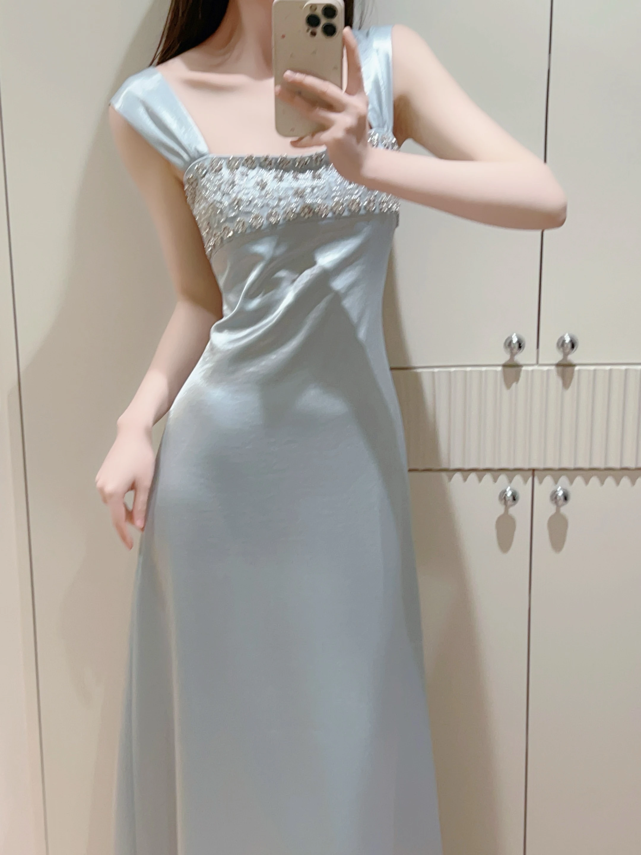 

Вечернее платье из ацетатного сатина с завышенной талией, корейский стиль, средней длины, с молнией, для стройнящего эффекта