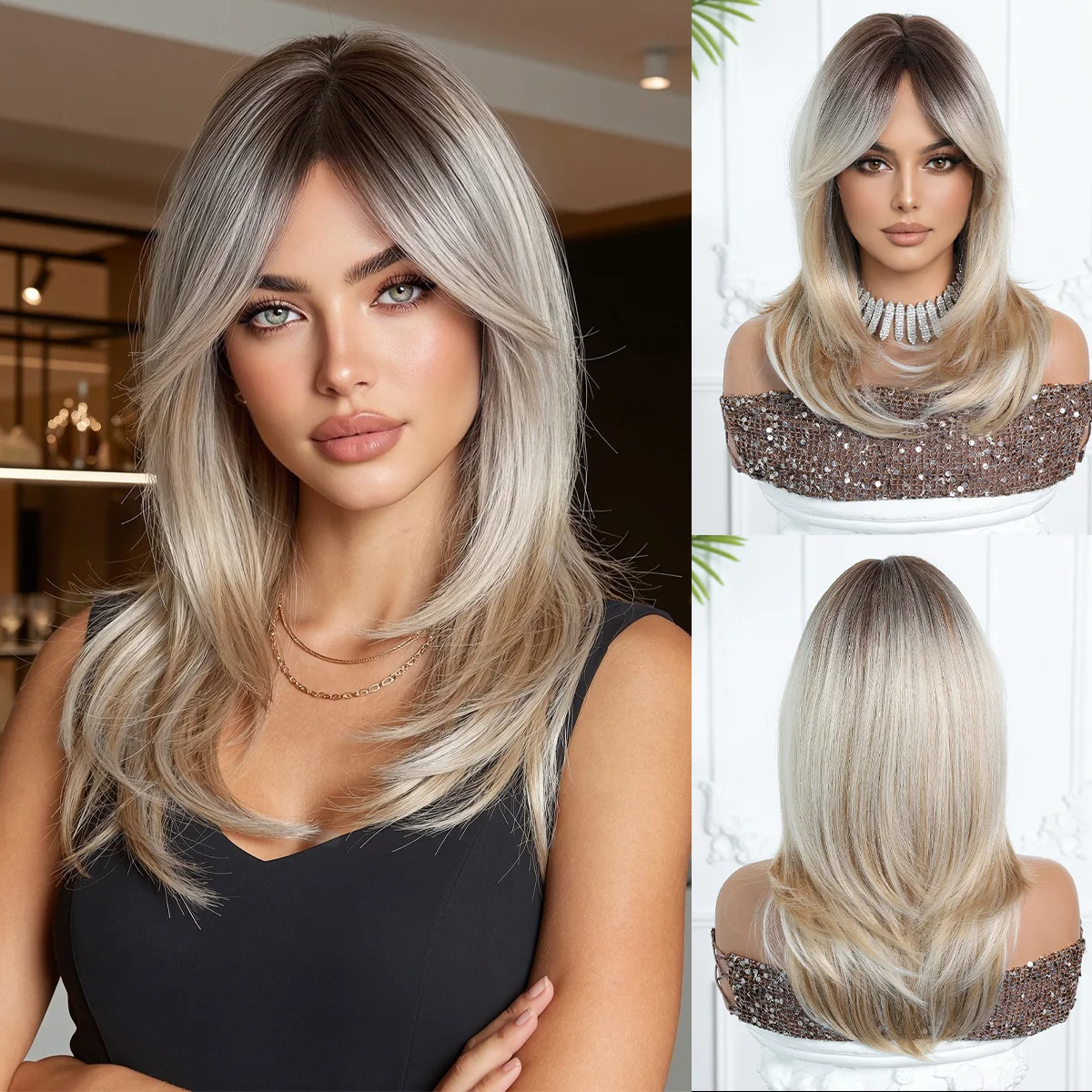 

Ombre Blonde Layered Synthetic Wigs with Bangs 16 Inch Heat Resistant Natural Looking Wig for Daily Wear