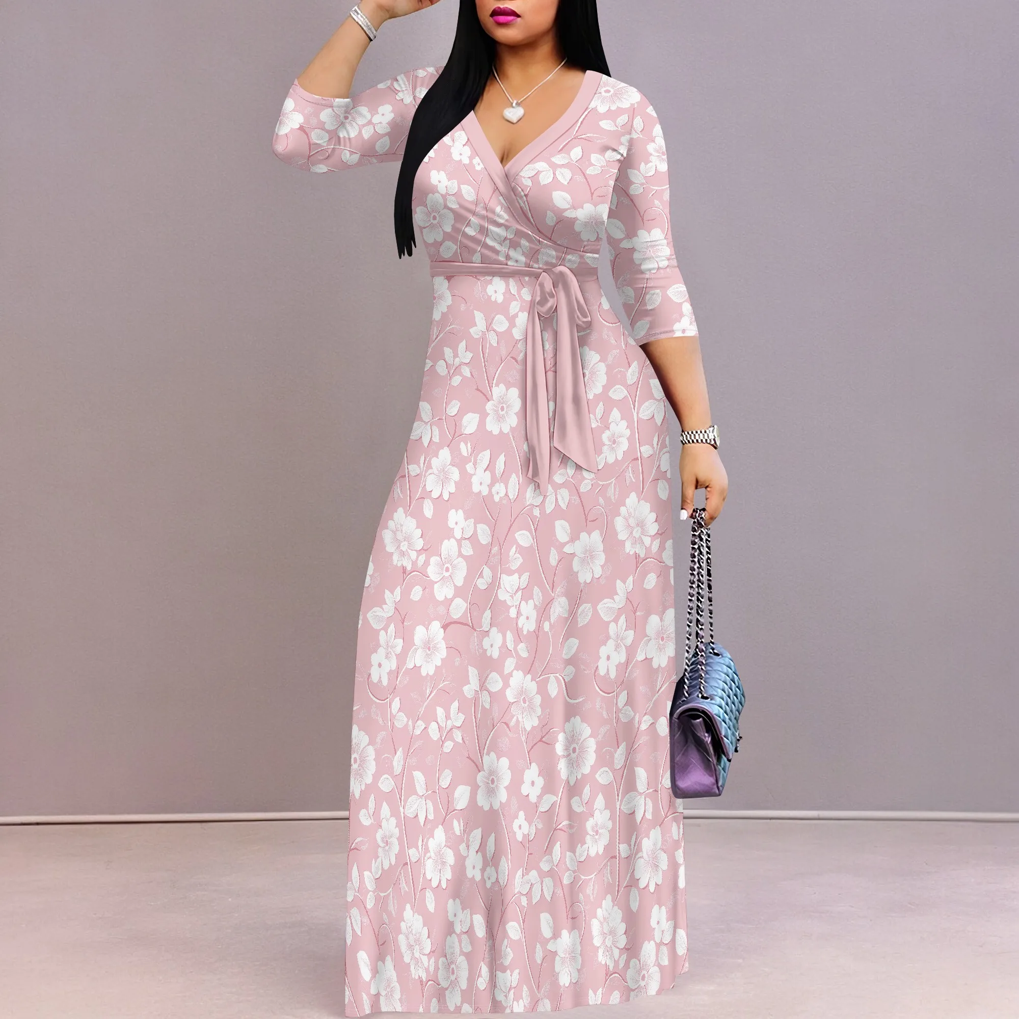 Wickelkleid mit Blumenmuster und V-Ausschnitt – fließendes Midikleid mit Bindegürtel, Boho-Chic-Sommerkleid für Damen