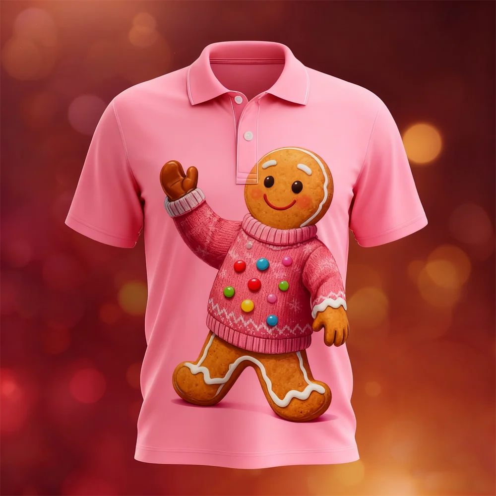 Christmas Gift Pattern Short Sleeve Polo Shirt 3D Print Funny Santa Clause Graphic Button Lapel Top Breathable Quick Dry Clothes