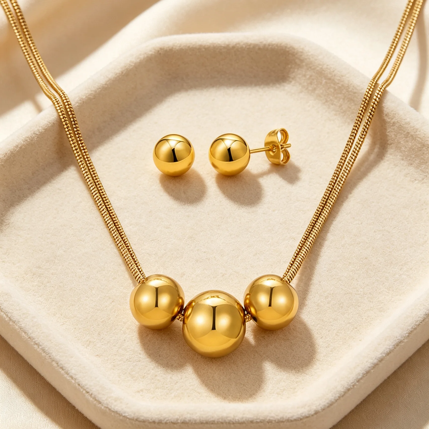 Smooth Ball Bead Jewelry Set Double Snake Chain Necklace & Round Ball Stud Earrings Women's Minimalist Classic Stackable Jewelry