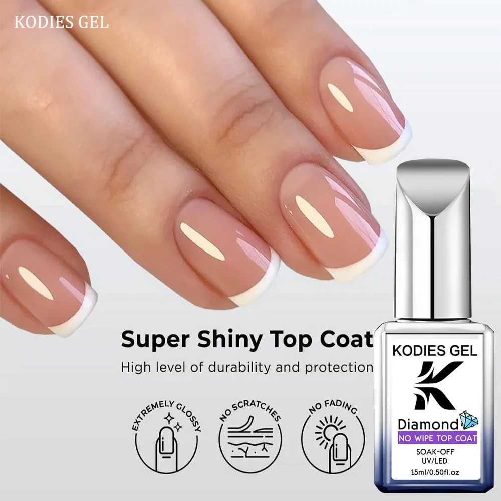 KODIES GEL Diamond Top Coat No Wipe Super Shiny 15ml HEMA /TPO Free Gel Nail Polish Crystal Shine Gel Finish All for Manicure