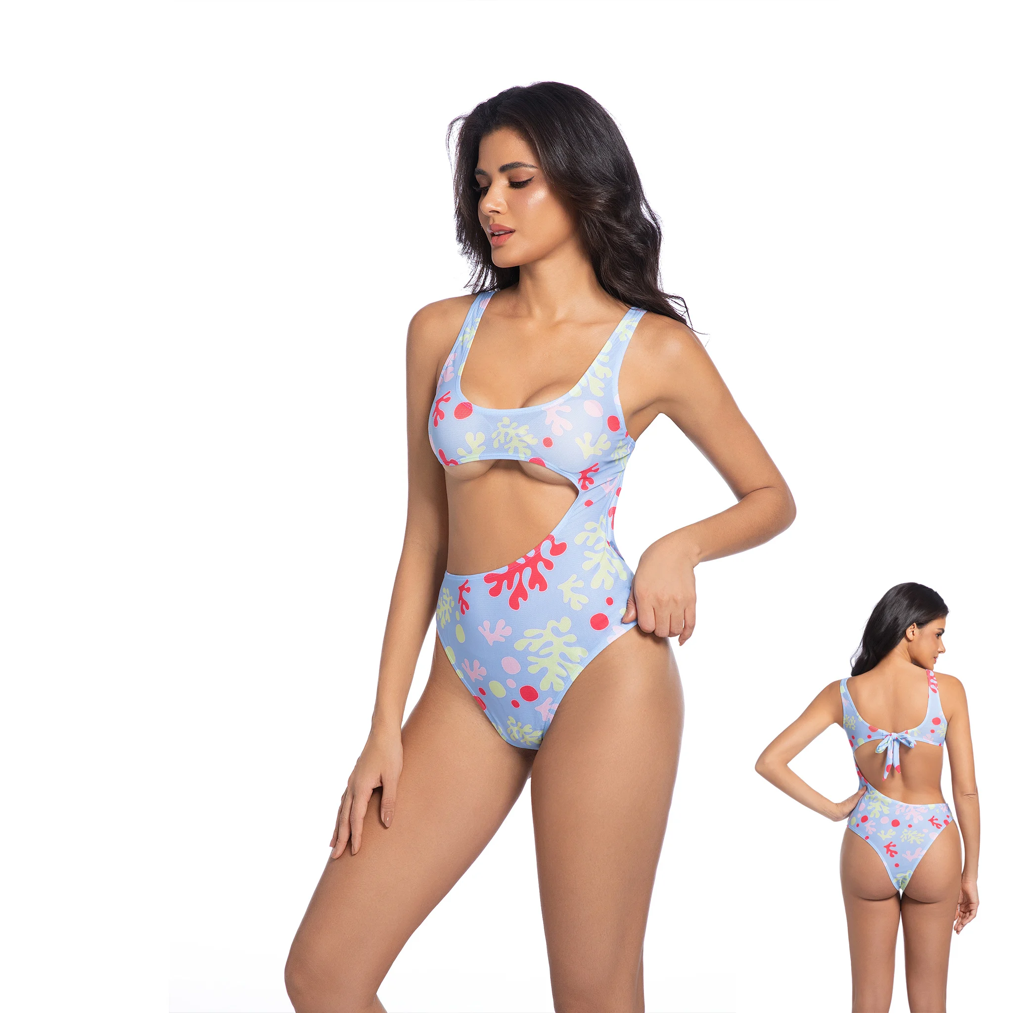 

Volagor Tan Through Swimsuit Women One Piece Sky Blue Coral Cutout Monokini No Tan Line Sunbathing Suit Wide Strap Swimwear