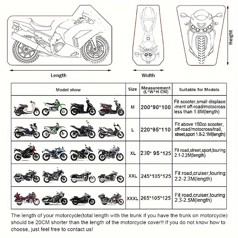 Motorcycle Cover Waterproof Outdoor Dustproof Windproof Universal Fit Bike Covers with Elastic Hem And Reflective Strips