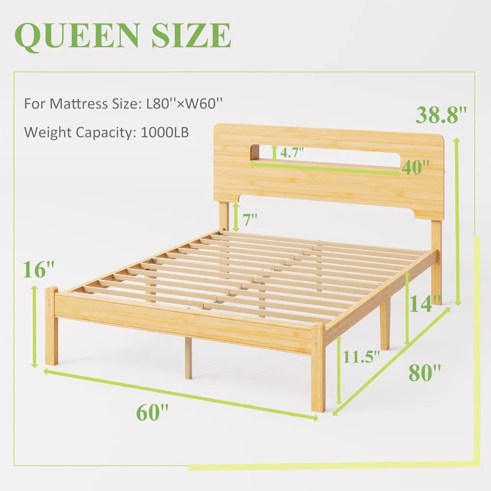 Estrutura de cama de bambu queen size com cabeceira de armazenamento e plataforma de 14 polegadas, sem necessidade de molas, reforçada com aço