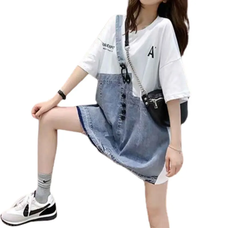 우아한 패션 하라주쿠 슬림 핏 여성 의류, 루즈 올 매치 캐주얼 반팔 티셔츠, 프린트 패치워크 가짜 투피스