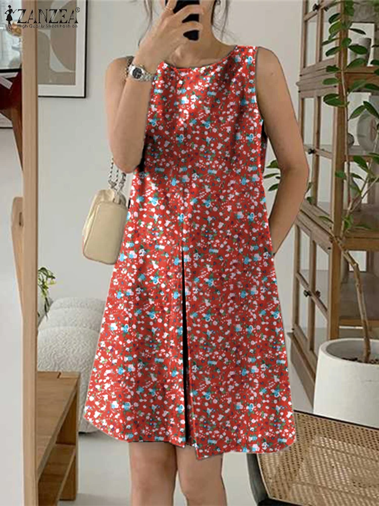 2025 Vestito estivo estivo ZANZEA Donna Elegante vacanza Mini abito senza maniche Stampa Abiti a pieghe Casual Beach Tank Abiti Caftano