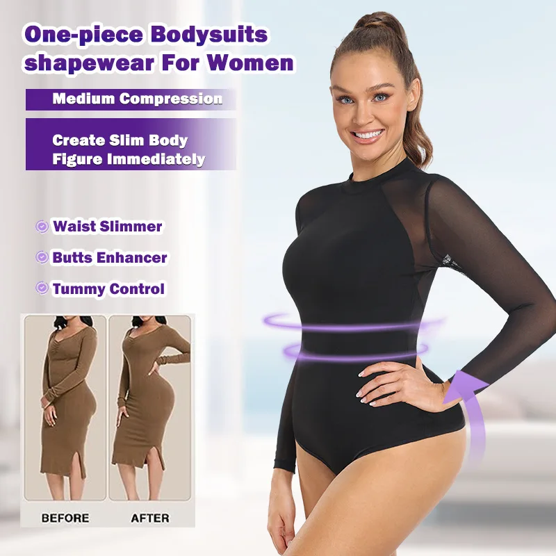 One Piece Hollow Mesh Long Sleeved shapwear for Women Thong Base Wear Butt Lifter Waist Slimmer Tummy Controller for Daily Use