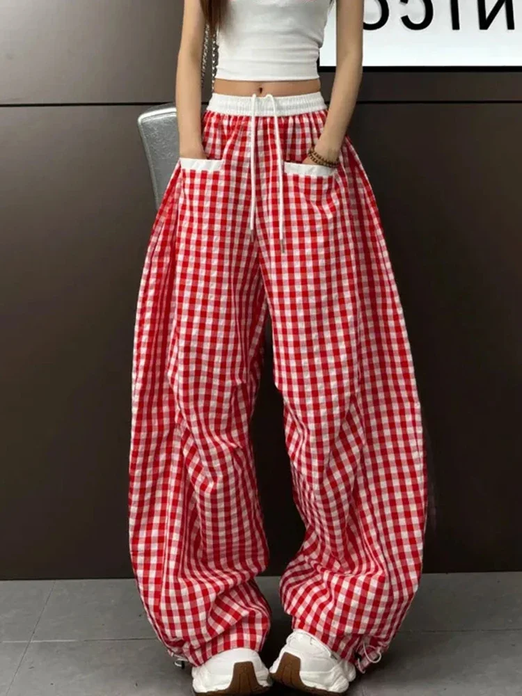 Pantaloni scozzesi retrò Harajuku Pantaloni larghi casual a vita alta da donna Streetwear Pantaloni larghi vintage americani Bf Novità