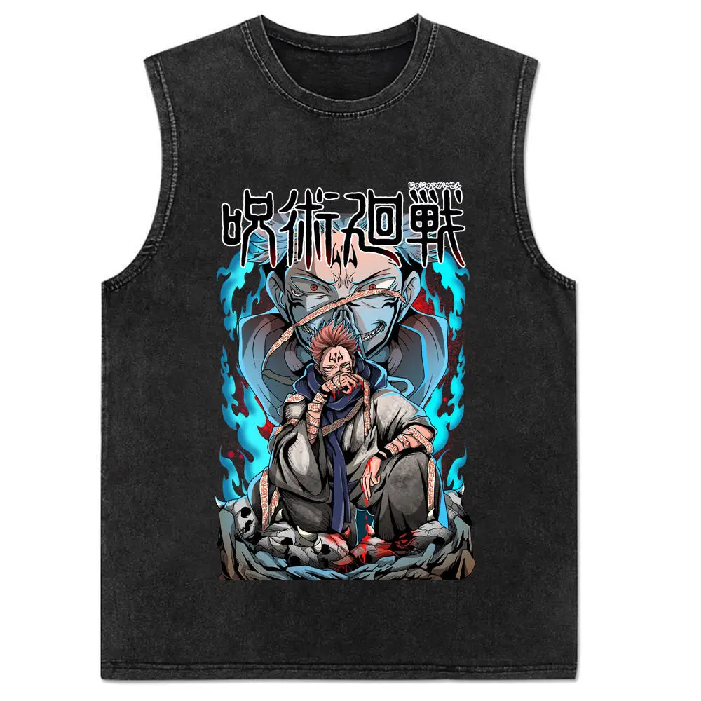 2024 New Vest Summer, Spell Back To War, Anime Printed Cotton Vest Men\'s Washed Retro Sleeveless T-shirt Ins