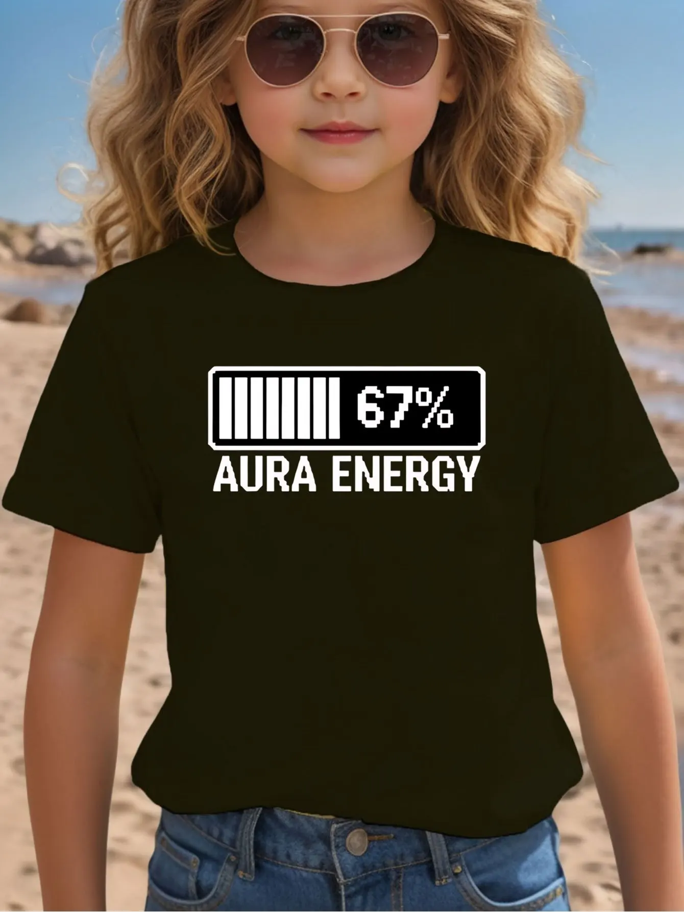 Retro Pixel Style 67 Aura Energy Bar Print Kids T Shirt Boys Girls Family Matching Parent Child Summer Crew Neck Casual Tee