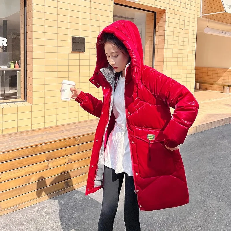 2025 Winter New Wash-Free Brightening Down Cotton-Padded Jacket Women Overcoat Korean Length Loose Hooded Thick Warm Parker Coat