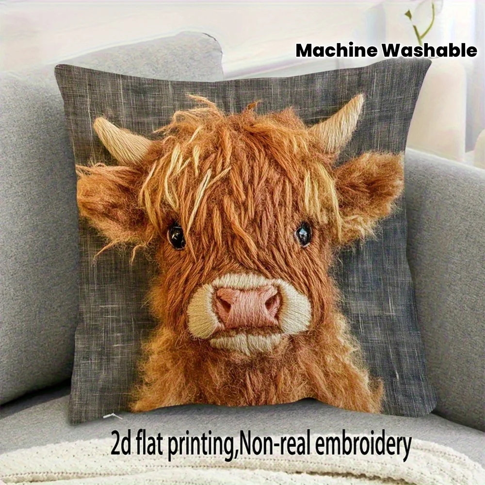 1pc Cute Highland Cow Square Throw Pillow Cover Machine Washable Farmhouse Decor Cushion Case for Sofa Couch Bed