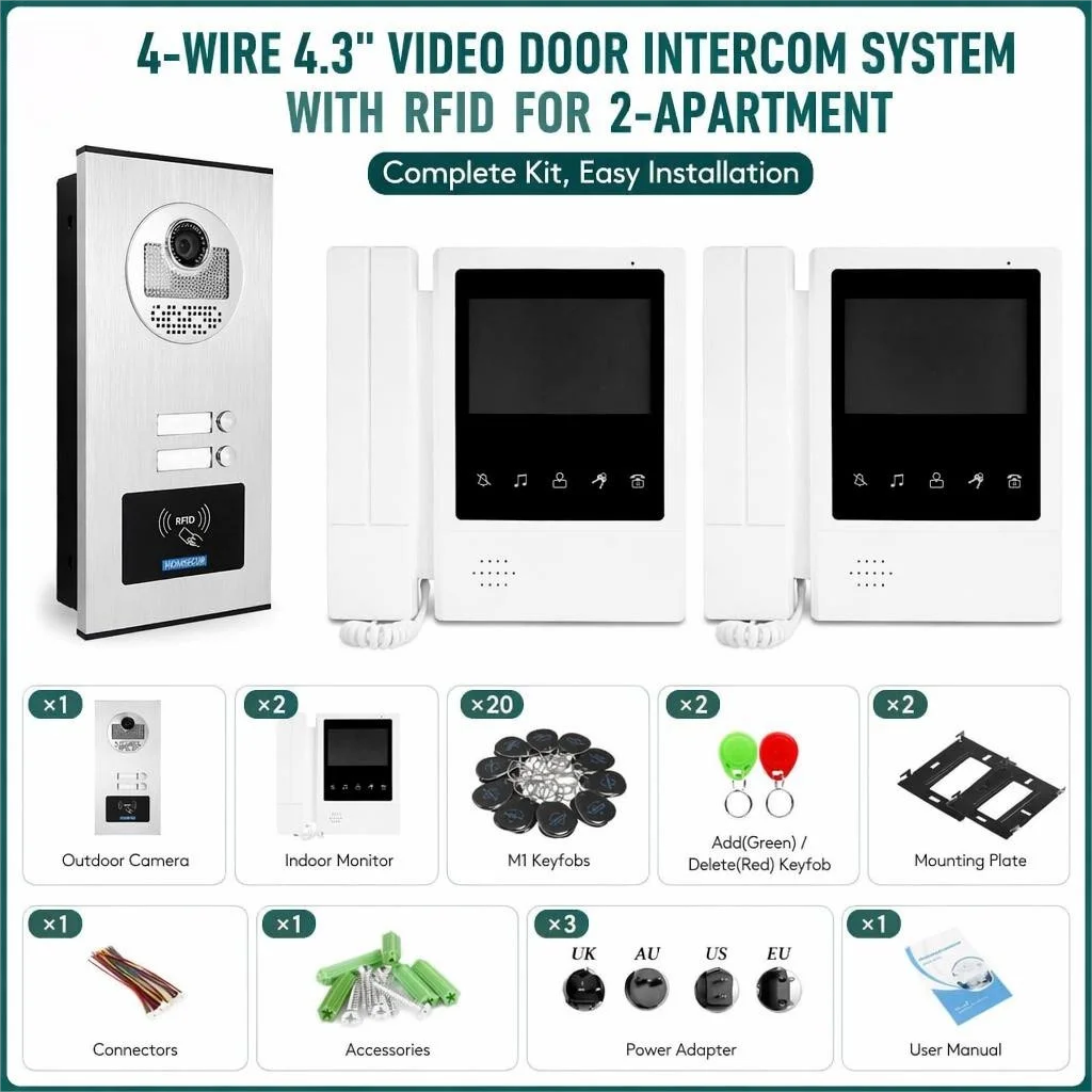 

4.3" Hands-Free Video & Audio Doorphone Intercom System with RFID Access Control – Includes 2 Indoor Monitors, Supports 2-Family