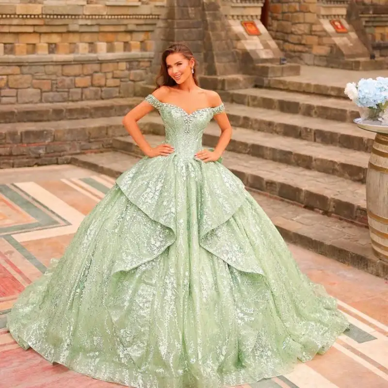 

Light Green Elegant Applique Quinceanera Dress 2025 Charming Sweetheart Party Dress Sparkling Sleeves Party 16 Customized