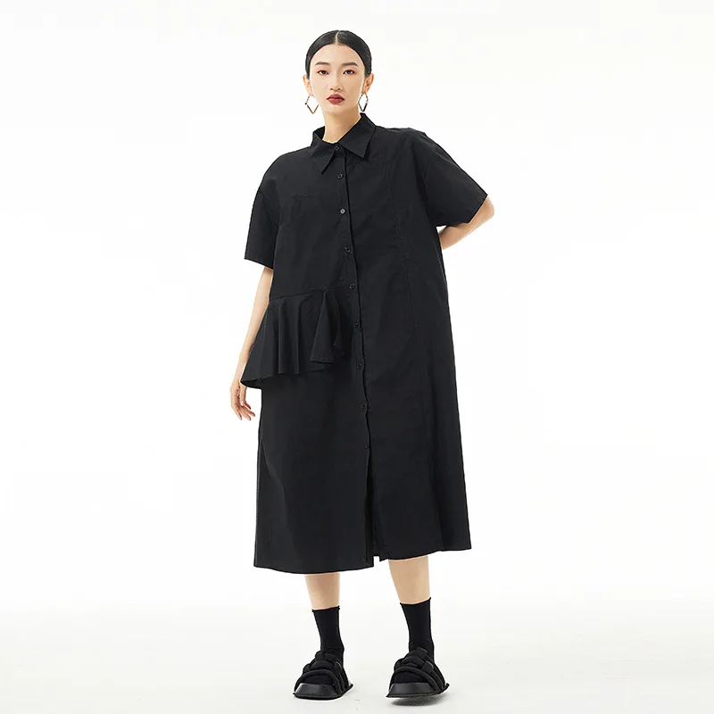 Tannt Women Dress Ruffles Patchwork Asymmetry Black Blue Red Casual Shirts Dresses Irregular Fashion Loose Long Summer Dresses