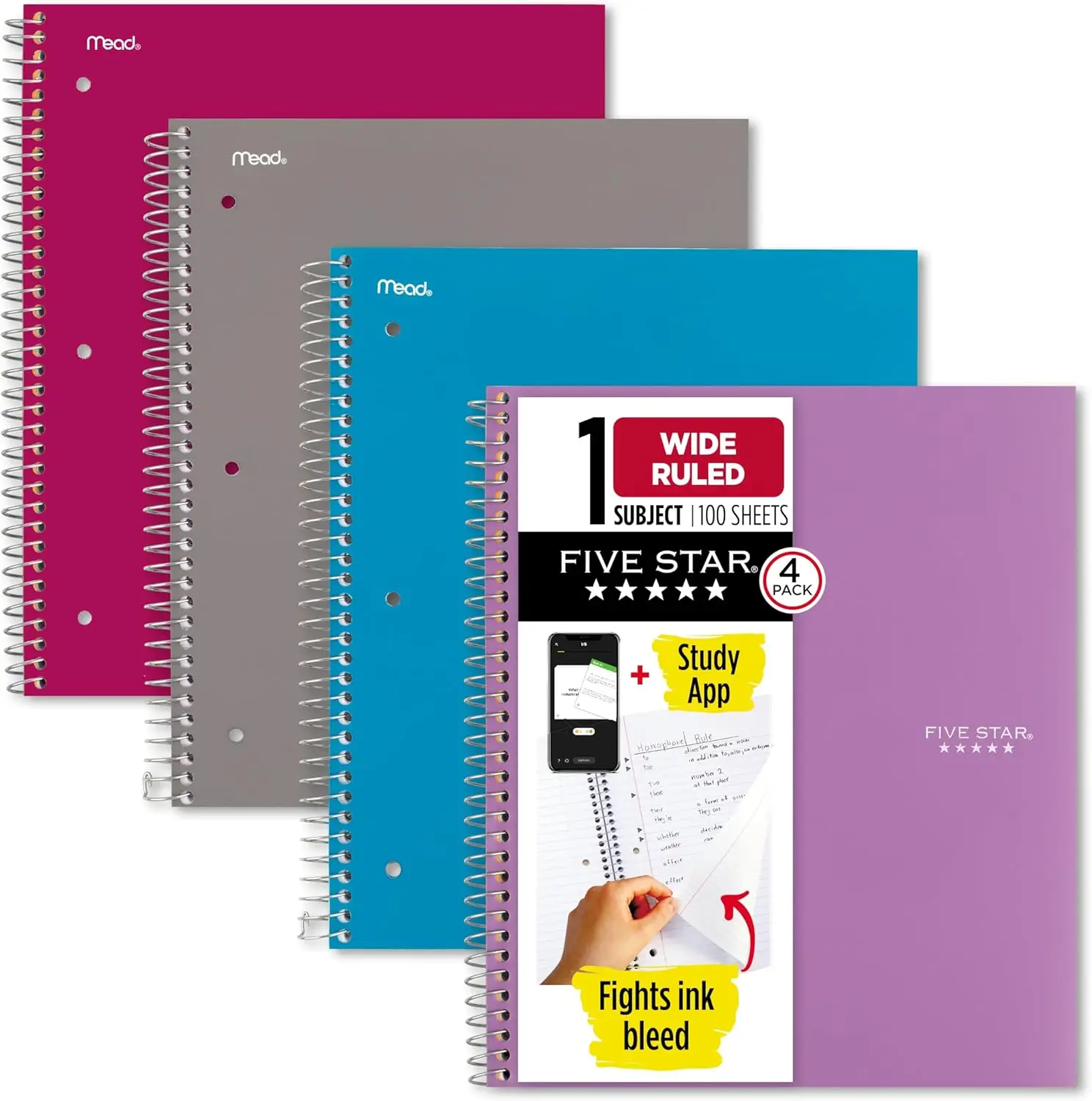 

4 Pack Spiral Notebooks, 1 Subject, Wide Ruled, 100 Sheets, 8"x10.5", Water Resistant Cover, Purple, Pink, Gray, Blue