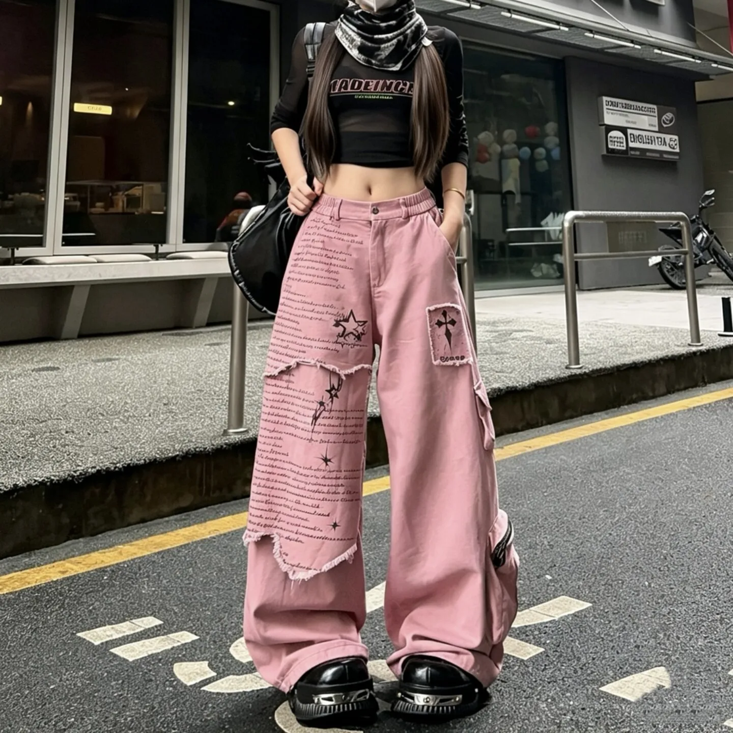 Womens Pink Wide Leg Cargo Pants Light Fleece Applique Draped Trousers for Hip Hop Jazz Dance Practice Sessions