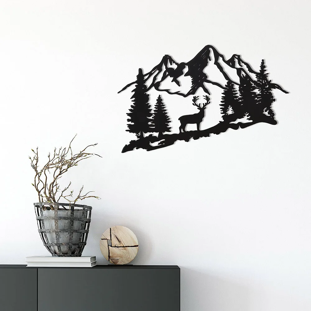 Metal Deer Wall Art Signs Forest Mountain Cabin Decor Black Cutout Plaque Rustic Animal Hunting Farmhouse Man Cave Decoration