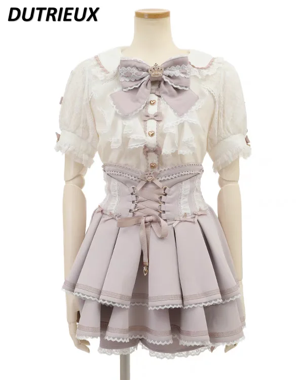 Japanese Style Shirt Female Cute Lolita Mine Series Bow Shirt 2024 Summer New Lace Doll Collar Puff Short Sleeve Shirts Blusas