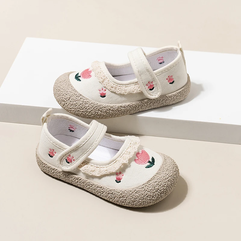 Girls Canvas Shoes Fashion Sweet Embroidery Toddlers Kids Casual Shoes Soft Soled Versatile Children Princess Shoes Ruffled Edge