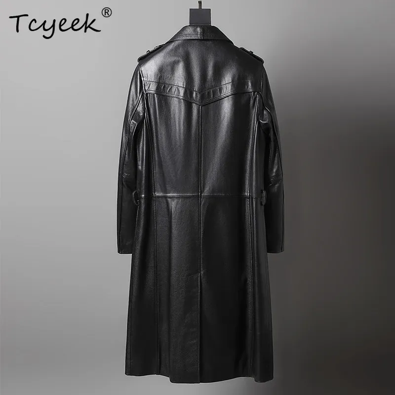 Tcyeek Natural Cowhide Coats Man Long Over Knee Trench Coat for Men Autumn Winter Clothes Casual Trendy Double-breasted 가죽점퍼
