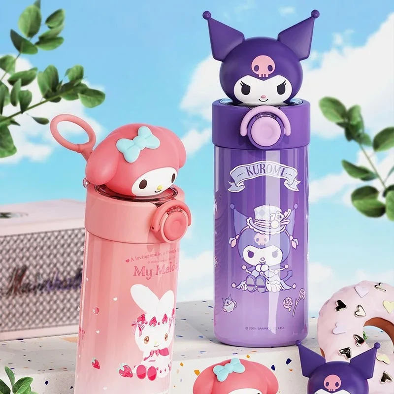 Соломенный термос Sanrio/Kuromi/Hello Kitty/Cinnamoroll/изолированная бутылка из нержавеющей стали, детская дорожная кружка для девочек, рождественский подарок