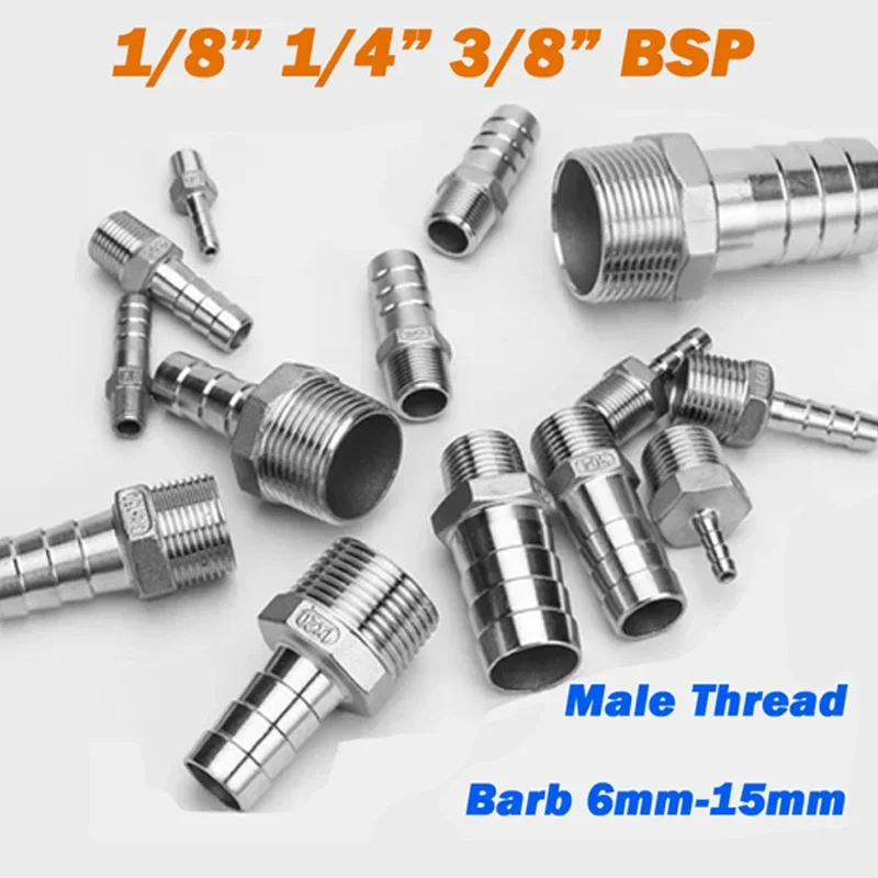 Pagoda Connector 304 Stainless Steel 1/8” 1/4” 3/8” BSP Male Thread Pipe Fitting to Barb 6mm-15mm Hose Tail End Connector