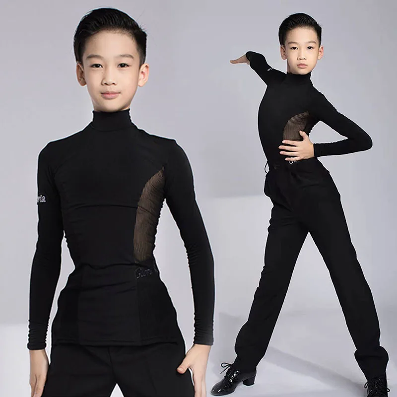 

Топ для латинских танцев для мальчиков, тренировочная одежда для ча-ча-румы, танцевальный топ с высоким воротником, черные брюки, детский костюм для выступлений в стиле латина VDL2718