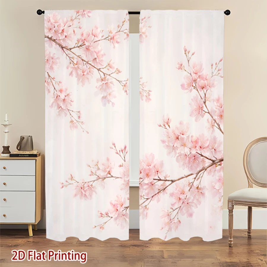 2PCS Digital Printed Curtains, Cherry Blossom Branch Pattern, Japanese Sakura Style for Living Room Bedroom Home Decor