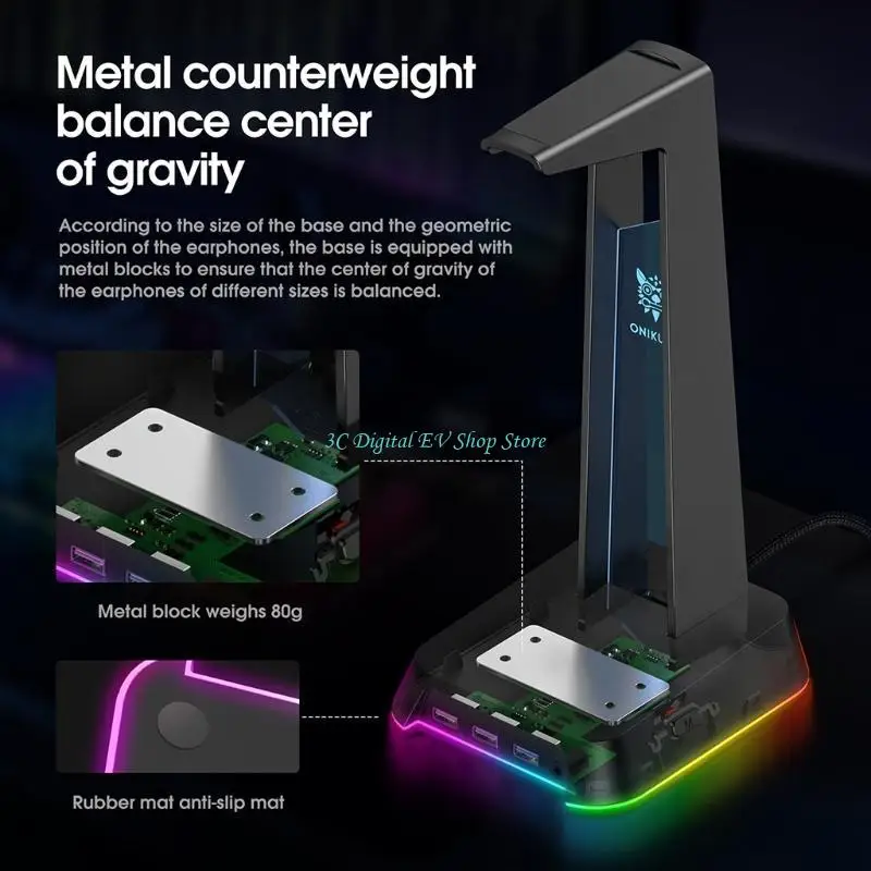 E74D Saving Space RGB Colorful Headphone Holder Display Desk Earphone Solid Base 3 USB Ports Gaming Hanger Black Pink White