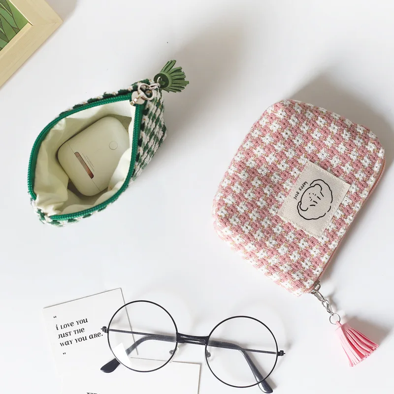 Monederos japoneses Kawaii para mujer, monedero sencillo a cuadros, compacto, portátil, lápiz labial, auriculares, bolsas de almacenamiento de llaves para niña