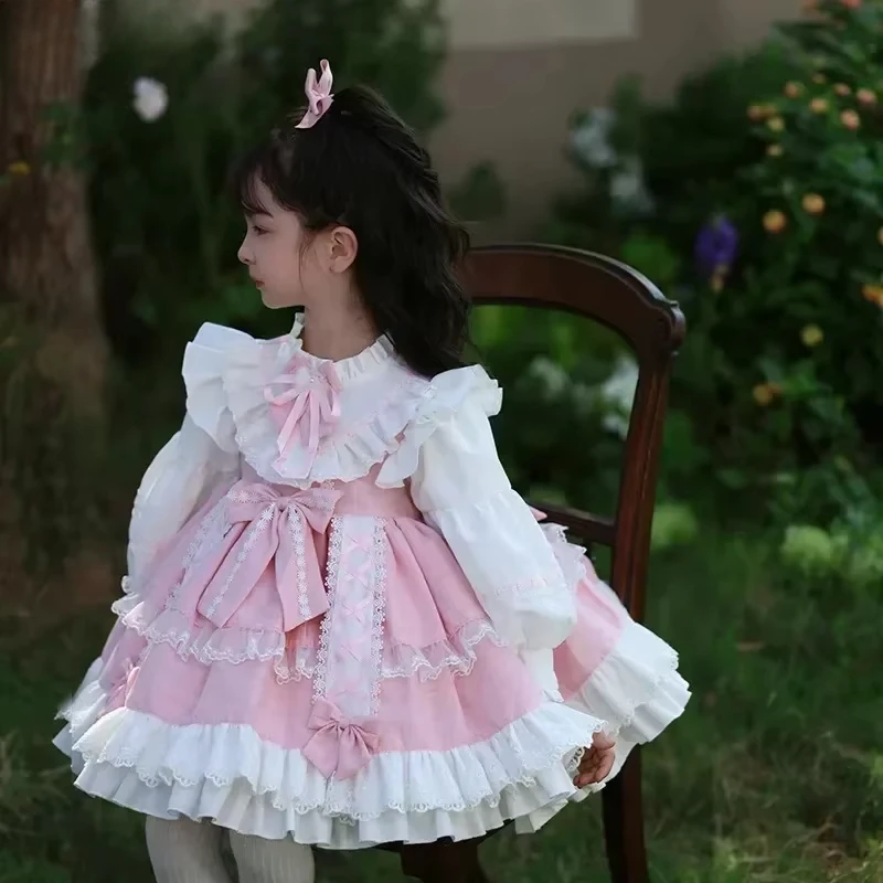 2025 Spanish Lolita Pink Dress for Kid Girls Princess Lace Ball Gown Bow Birthday Baby Dresses For Girl Clothes Party Easter Eid