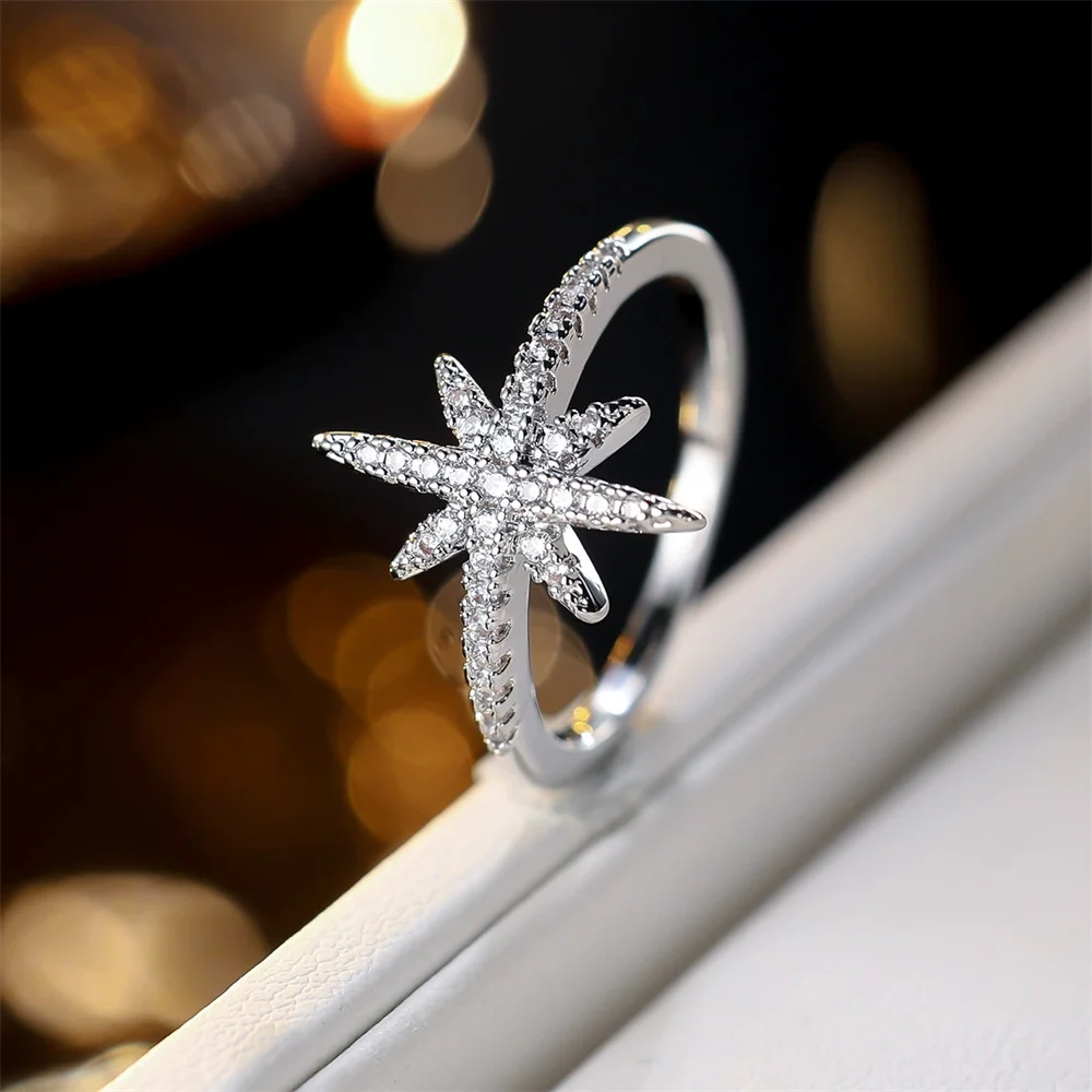 Anillos con forma de copo de nieve para mujer, piedra redonda pequeña de circonio blanco, color dorado y plateado, anillos de boda, regalos de joyería de compromiso