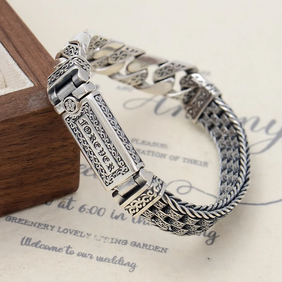 

S925 sterling silver patchwork bracelet new chinoiserietrendy men's stylish tang grass pattern handmade woven bracelet