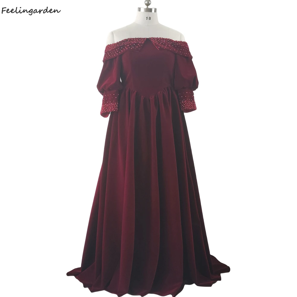 

Evening Dresses Burgundy Velour Off the Shoulder Crystal Beading A-line Pleat Floor Length Plus size Women Party Dress A331