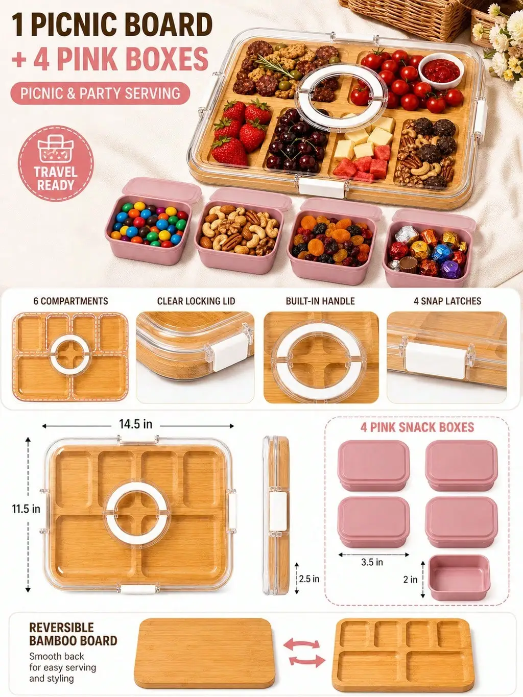 Travel Ready Charcuterie Board Set with Built In Handle and Four Pink Snack Boxes