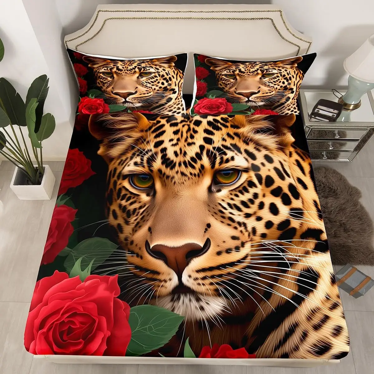 Leopard Sheet Set Cheetah Fitted Sheet African Savannah Animal Bedding Set Wildlife Leopard Print Bed Sheets for Boys Girl Youth