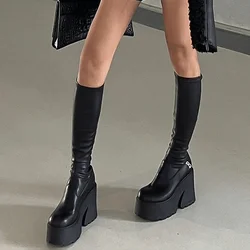 Punk Style Platform Women Long Boots Fashion Elegant Square High Heel Shoes Autumn Winter Women's Morder Long Booties